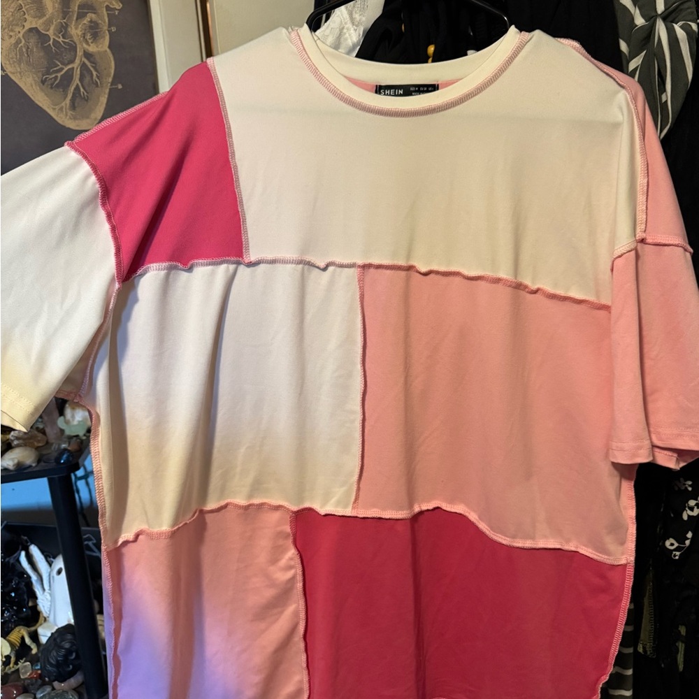 SHEIN Pink and Cream Stitch Detail Top
